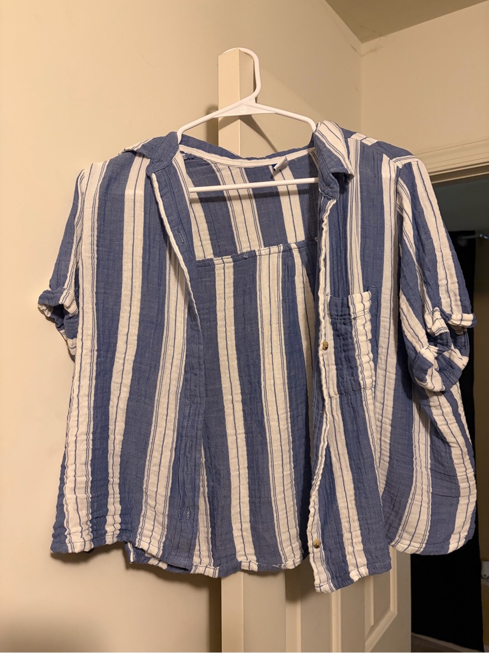 Casual Blue & White Vertical Stripe Button Shirt